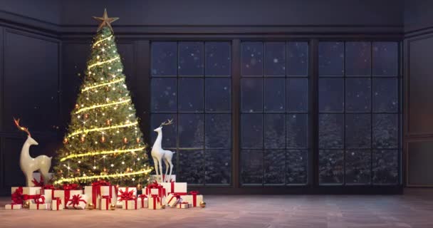 装饰圣诞树 有闪亮的照明链和许多礼物在房子里的夜晚和冬天的雪景窗后 寒假背景为4K视频循环 — 图库视频影像