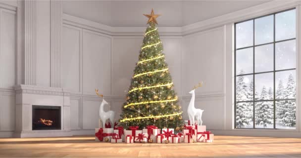Zářící Vánoční Stromek Blikajícími Světly Spoustou Dárků Uvnitř Domu Ohněm — Stock video