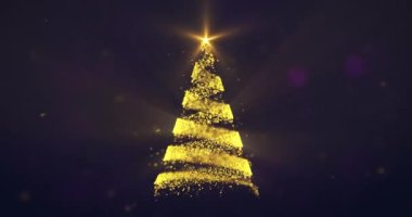 Koyu arkaplanda uçan sarı parçacıklardan yapılmış Noel ağacı. Soyut Xmas ağaç döngüsü animasyonu. 4k video döngüsü arka planı olarak kış tatili.