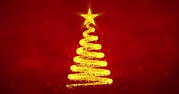 Περιστροφή Κίτρινο Φως Σπιράλ Από Σωματίδια Χριστουγεννιάτικο Δέντρο Κόκκινο Φόντο — Αρχείο Βίντεο