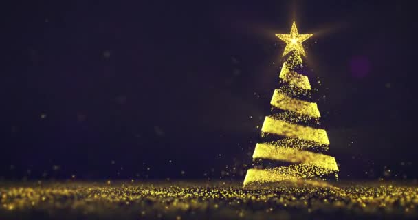 Christmas Tree Right Side Made Flying Yellow Particles Glittering Floor — Stock Video
