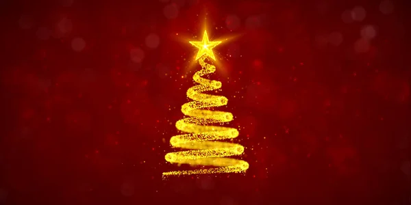 Sárga Spirál Készült Részecskék Mint Karácsonyfa Piros Háttér Bokeh Hópelyhek — Stock Fotó