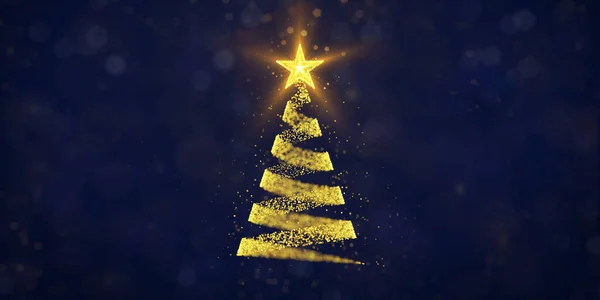 ボケで暗い背景にクリスマスツリーとして粒子から作られた黄色のスパイラル形状 冬の休日カードとしての抽象的なクリスマスツリーのイラスト — ストック写真