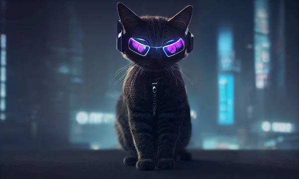 Sitting cat in the middle on the asphalt road in neon shining cyber glasses and blurred city on background. Postproducted AI generated 3d illustration.