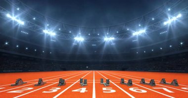 Geceleri modern atletizm stadyumu ve koşu için tartan pisti hazır. Spor reklamları için profesyonel 4K video döngüsü.