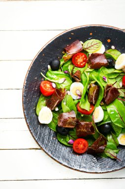 Sebze, domates, yumurta ve limon dilimli lezzetli bahar salatası.