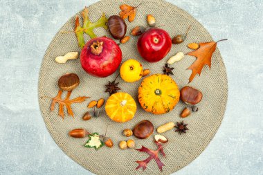 Kabak, sonbahar meyvesi, elmalar ve fındıklar tabakta. Sonbahar sakin bir hayat