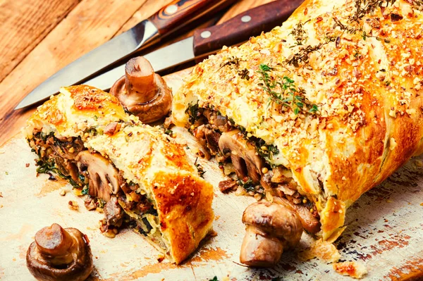 stock image Closed homemade savory tart pie with mushrooms