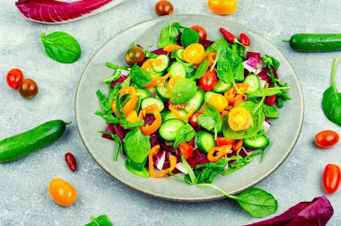 Domateslerden, salatalıklardan, biberlerden ve bitkilerden oluşan bahar salatası..