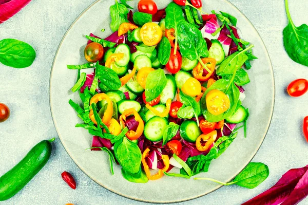 Summer Delicious Salad Tomatoes Cucumbers Peppers Spinach — Stock Photo, Image