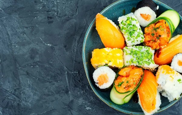 Appetizing Colorful Sushi Rolls Plate Sushi Menu Japanese Food Space — Stock Photo, Image