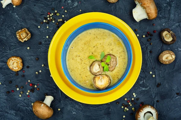 Homemade soup, autumn cream soup from champignon mushrooms.