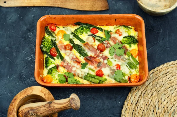 Asparagus Wrapped Bacon Baked Tomatoes Broccoli Casserole Dish — Stock Photo, Image