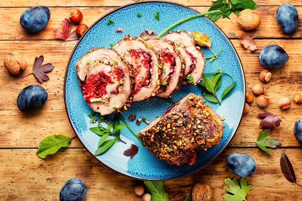 stock image Sliced meatloaf stuffed with plums. Autumn meat recipe, roasted porchetta.