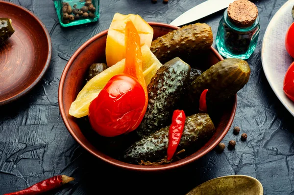Appetizing Appetizer Spicy Salted Vegetables Plate Fermented Food — Stock Photo, Image