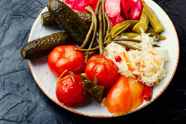 Assorted Vegetable Pickles Spicy Pickled Plate Marinated Vegetables — Stock Photo, Image