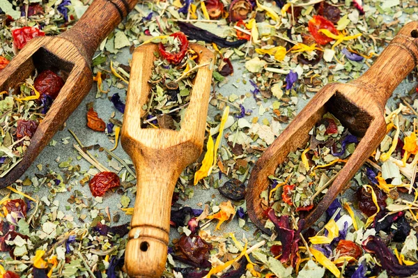 Herbal Tea Healthy Herbs Scoop Natural Herbal Medicine Flat Lay — Stock Photo, Image