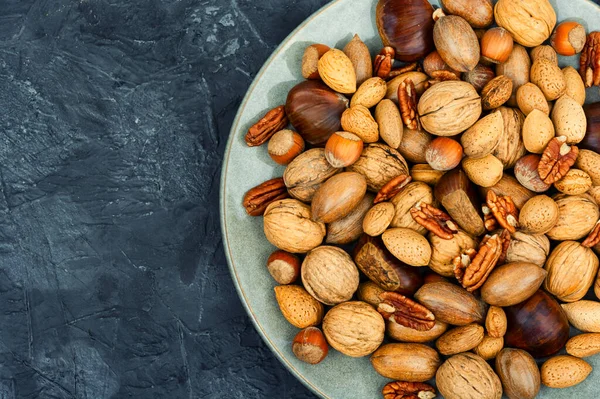 Walnut Chestnut Almond Hazelnut Table Vegetarian Snacks — Stock Photo, Image