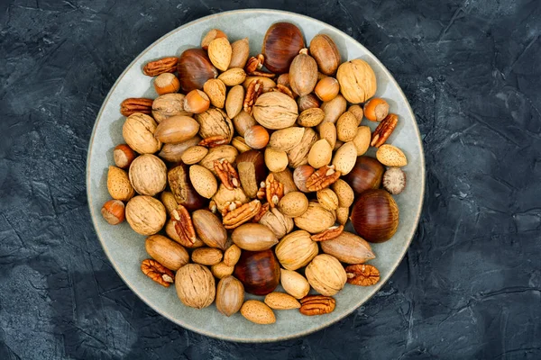 Walnut Chestnut Almond Hazelnut Table Healthy Food Snacks — Stock Photo, Image