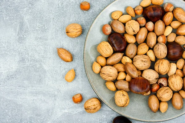 Walnut Chestnut Almond Hazelnut Table Healthy Food Top View Copy — Stock Photo, Image