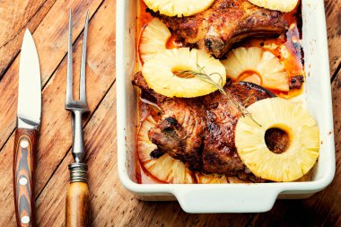 Grilled beef meat with pineapple in pineapple sauce