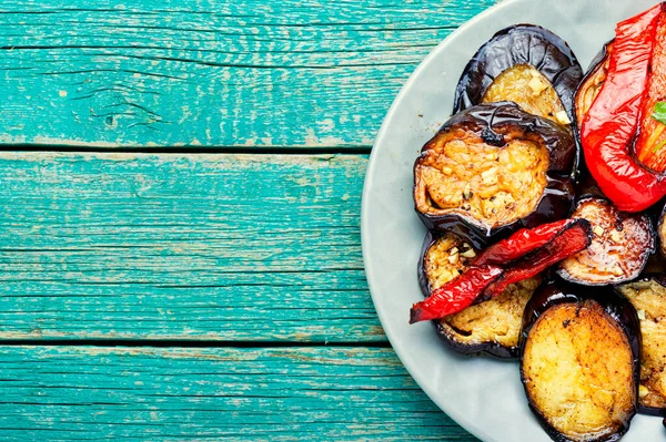 Grilled Eggplant Grilled Bell Pepper Wooden Background Top View Copy — 图库照片