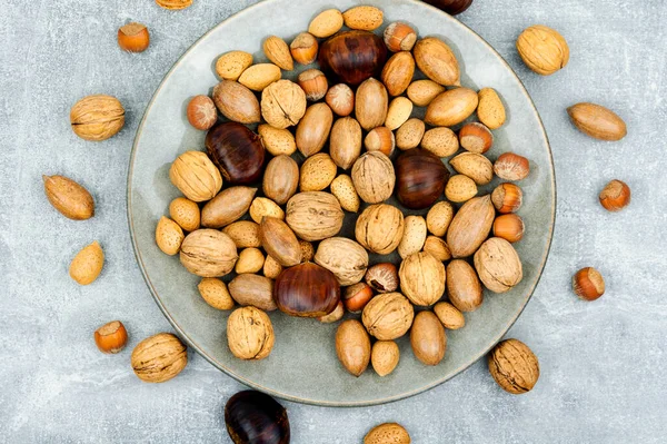 Walnut Chestnut Almond Hazelnut Table Healthy Food Snacks — Stock Photo, Image