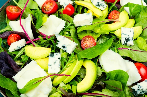 Colorful Salad Lettuce Greens Avocado Tomatoes Mix Cheeses Food Background — Foto de Stock