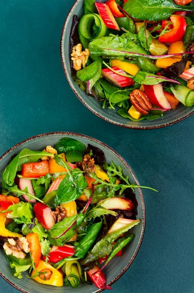 Vitamin Spring Salad Rhubarb Bell Pepper Greens Nuts Bowl Top — Fotografia de Stock