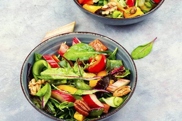 Light Salad Rhubarb Bell Pepper Greens Tasty Healthy Food Concept — Fotografia de Stock