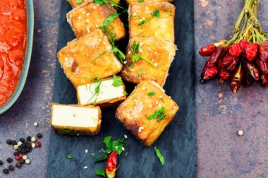 Roasted tofu cheese, healthy vegan food. Tahu Goreng