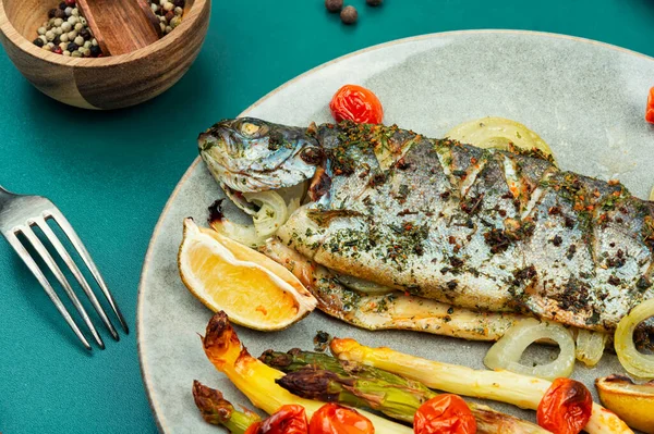 Whole River Trout Baked White Asparagus Tomatoes — Stock Photo, Image
