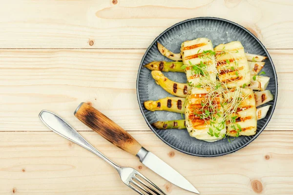 Food Baked White Asparagus Halloumi Cheese Decorated Microgreens Copy Space — Stock Photo, Image