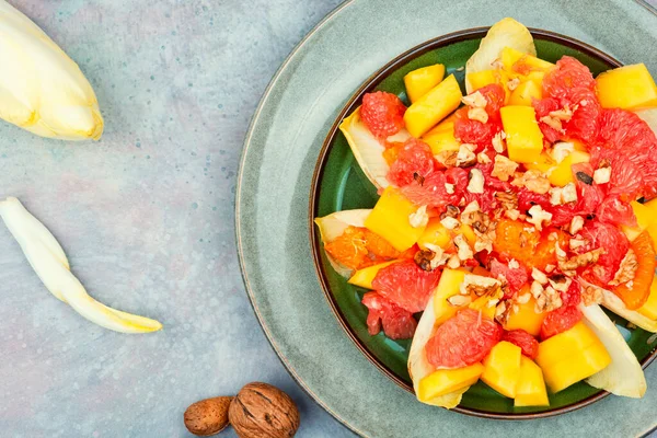 Delicious Vitamin Salad Grapefruit Mango Walnuts Chicory Space Text — Stock Photo, Image