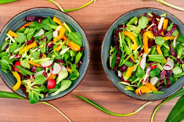 Zdravý Dietní Salát Zeleninou Medvědím Pórem Nebo Divokým Česnekem Horní — Stock fotografie