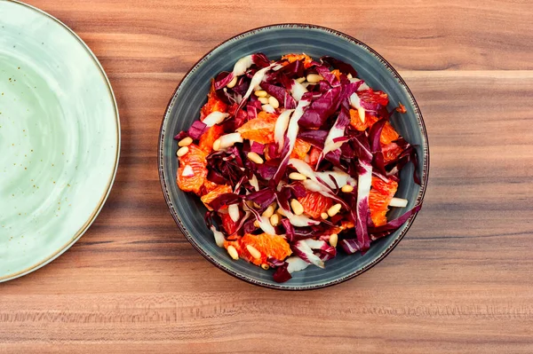 Fresh Salad Chicory Grapefruit Pine Nuts Plate Healthy Food Top — Stock Photo, Image