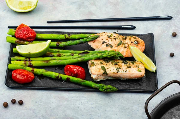 Baked Trout Boiled Asparagus Plate Diet Concept — Stock Photo, Image