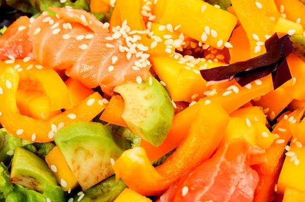 Fresh Salad Salmon Mango Sesame Vegetables Food Background — Stock Photo, Image