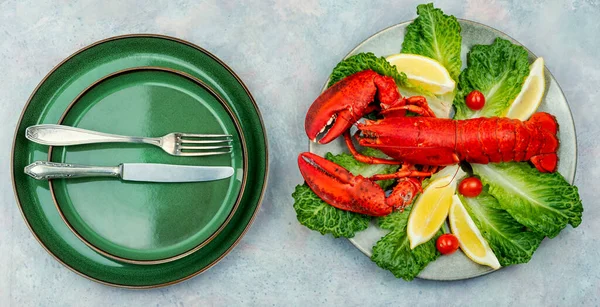 Gotowany Homar Zielenią Cytryną Talerzu Drogie Jedzenie Żywność Morska — Zdjęcie stockowe