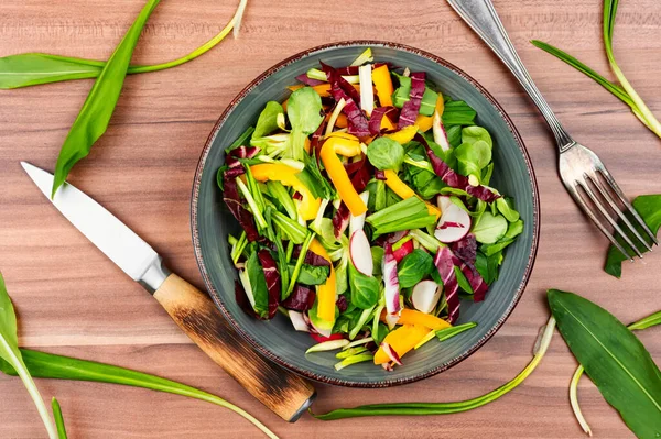 Egészséges Salátástál Zöldségekkel Medve Póréhagymával Vagy Vad Fokhagymával Rusztikus Táblán — Stock Fotó