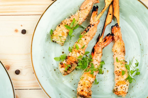 Tasty Shrimp Barbecue Herbs Fried Sticks Seafood Flat Lay — Stock Photo, Image