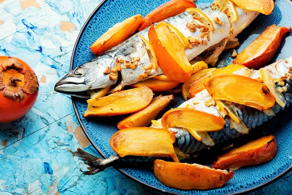 Appetizing Mackerel Fish Roasted Persimmon Fruit Sauce — Stock Photo, Image