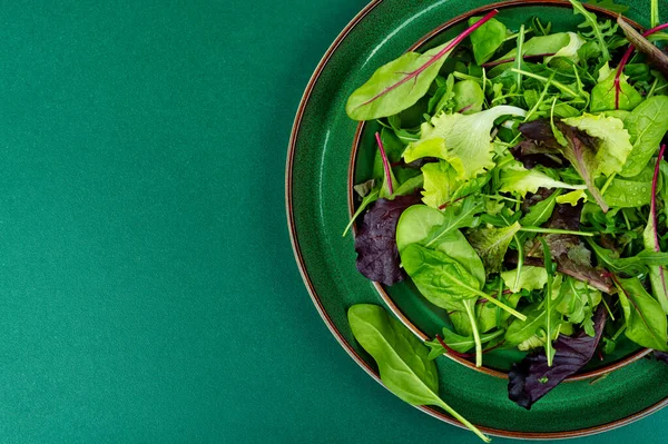 Salat Mit Frühlingsgemüse Auf Einem Teller Grüne Lebensmittel Kopierraum — Stockfoto