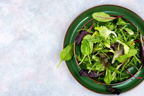 Verse Salade Met Lentegroenen Een Bord Bladeren Mengen Salade Ruimte — Stockfoto
