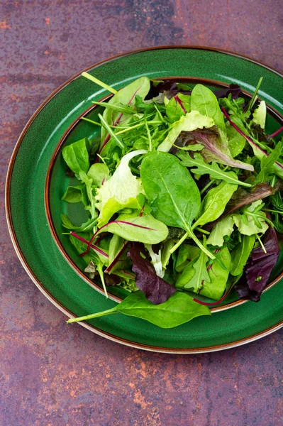 Friss Tavaszi Zöldség Saláta Tálcán Levelek Keverik Salátát — Stock Fotó