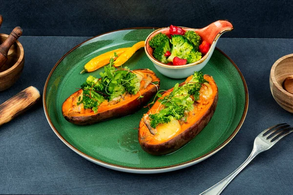 Baked Sweet Potato Stuffed Mushrooms Broccoli Peppers Vegan Food — Stock Photo, Image