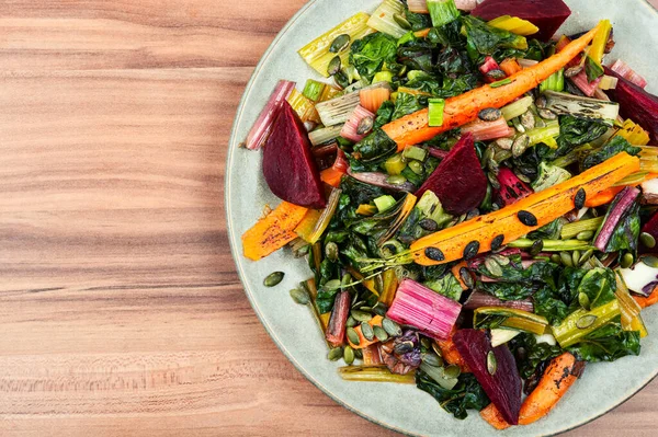 Dietary Delicious Vegetarian Food Stewed Swiss Chard Beets Carrots Copy — Stock Photo, Image