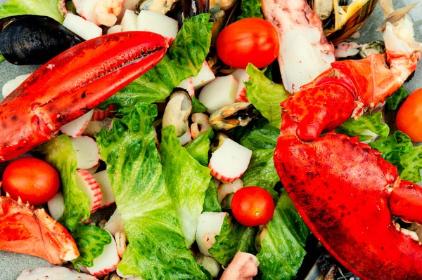Tasty Salad Oysters Mussels Lobster Lettuce Vegetables Food Background — 图库照片