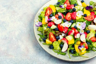 Yenilebilir çiçekli taze sebze salatası. Detoks. Boşluğu kopyala.