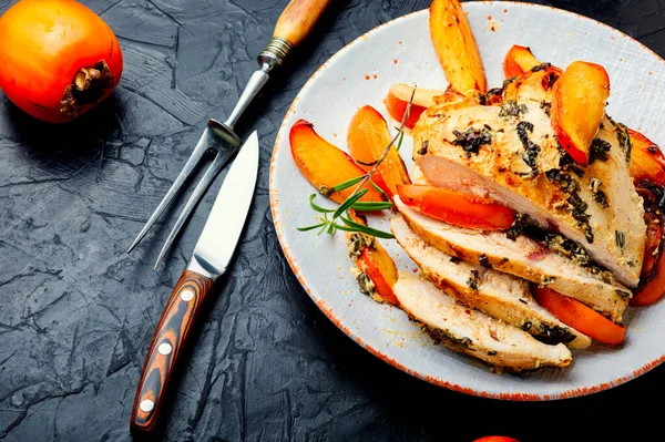 Chicken Breast Fillet Baked Persimmon Plate Roasted Meat — Stock Photo, Image